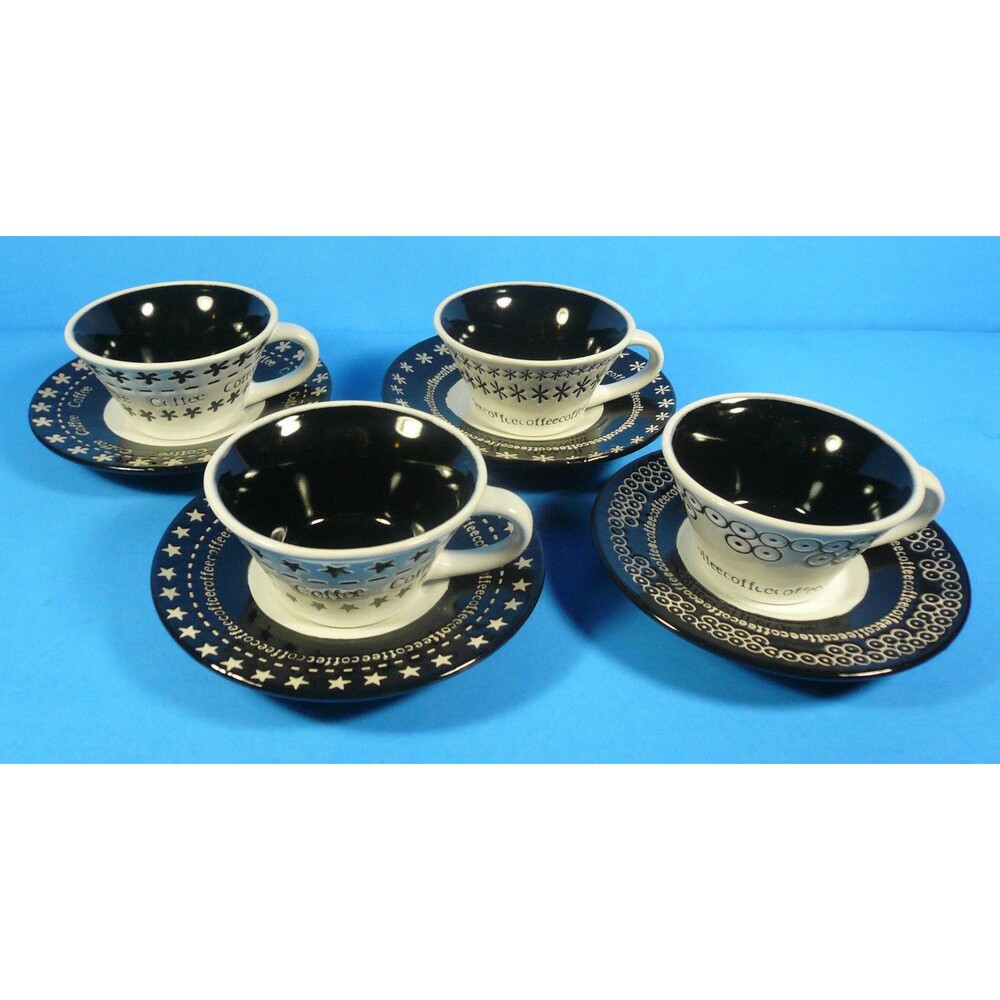 Cuisinart Madison Cafe 4 Espresso Coffee Cups & Saucers Demitasse Black White
